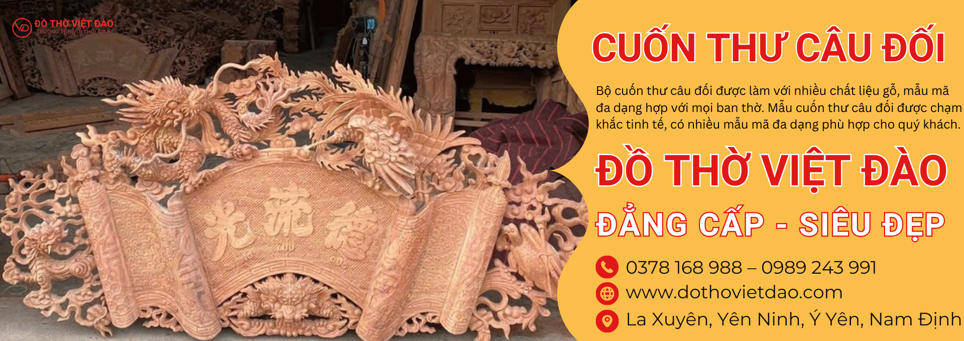 Đồ Thờ Việt Đào chuyên làm cuốn thư câu đối gỗ đẹp tại Nam Định