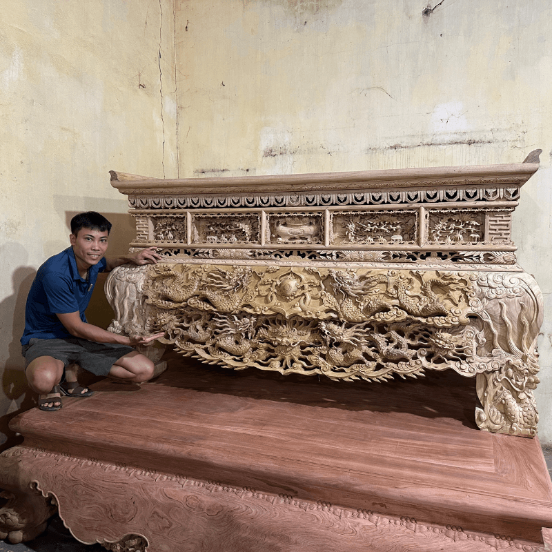 sập thờ dạ kép gỗ gụ lào đục song long chầu nguyệt