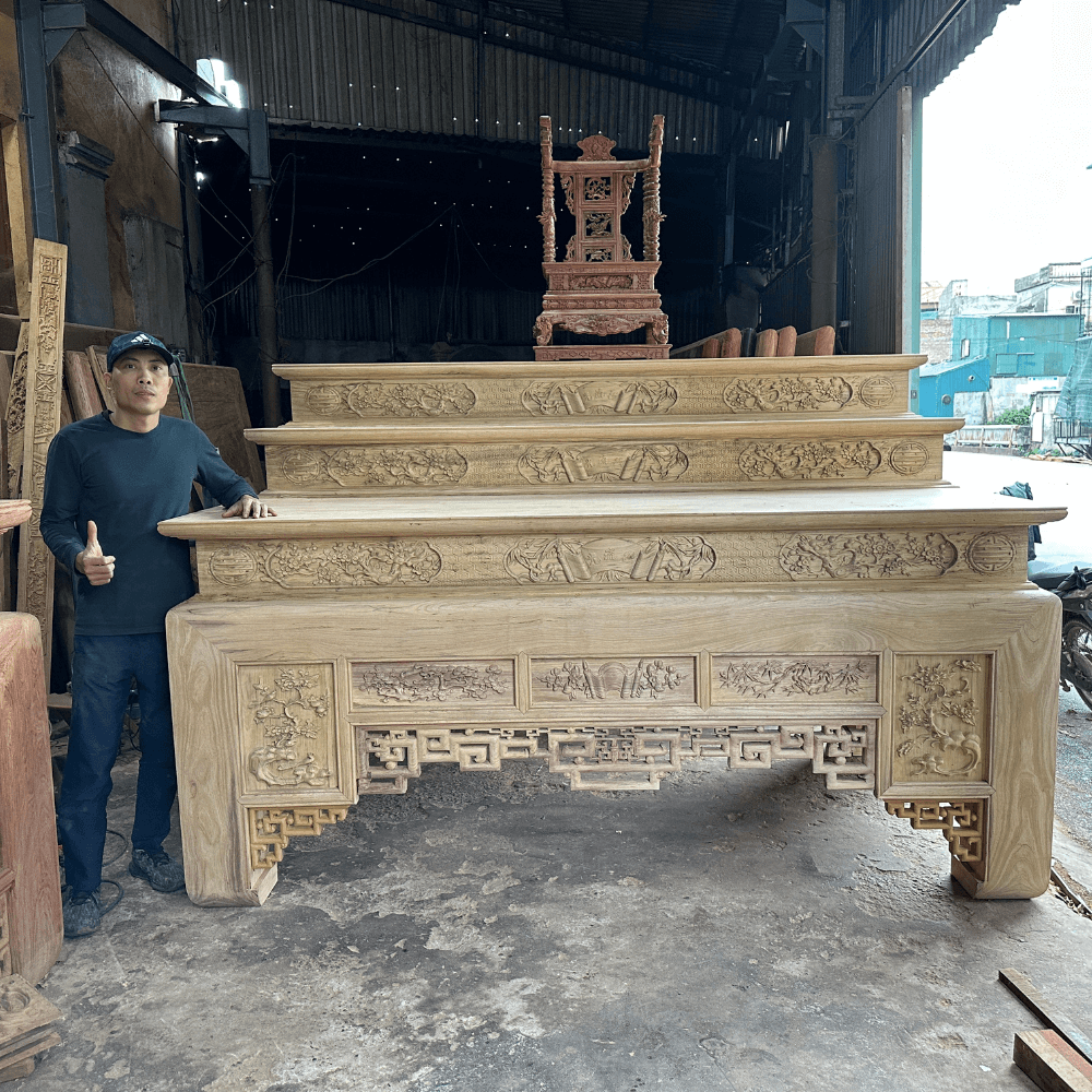 bàn thờ tam cấp ô xa gỗ gụ lào