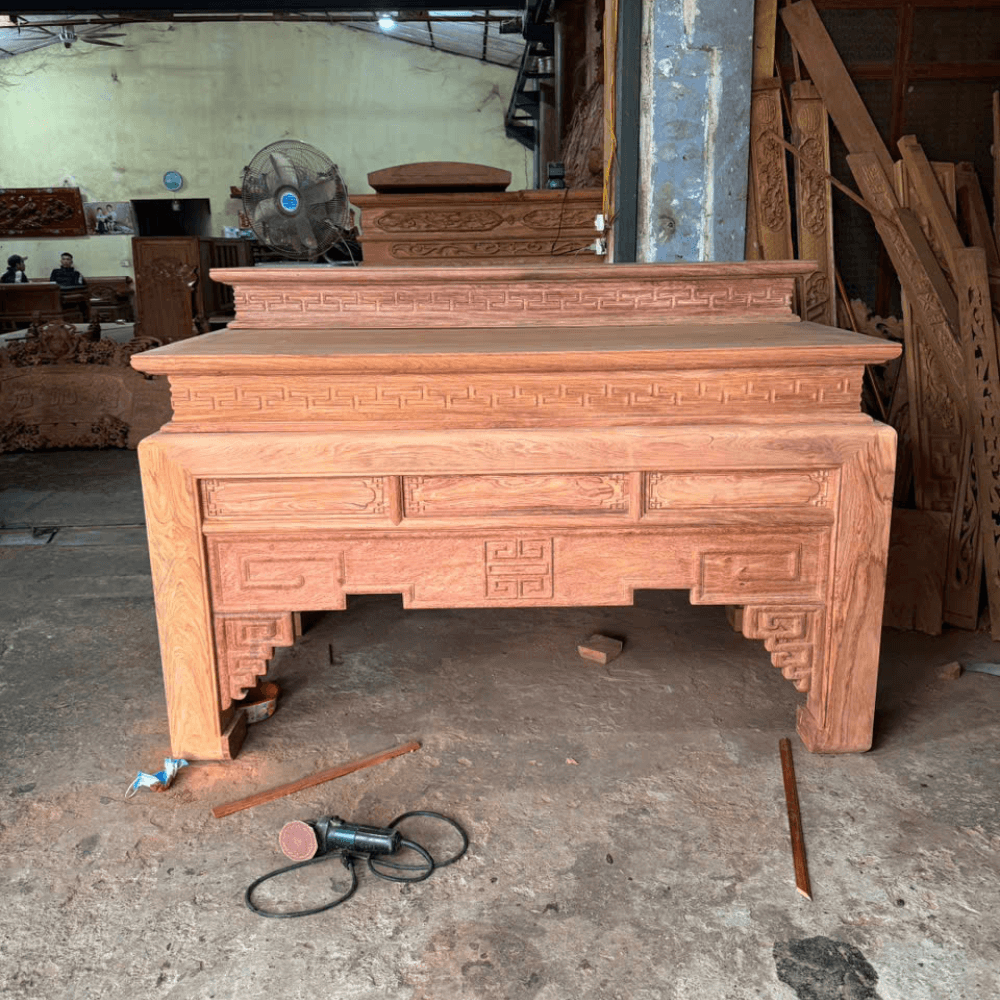 án gian thờ nhị cấp thọ trơn gỗ hương đá